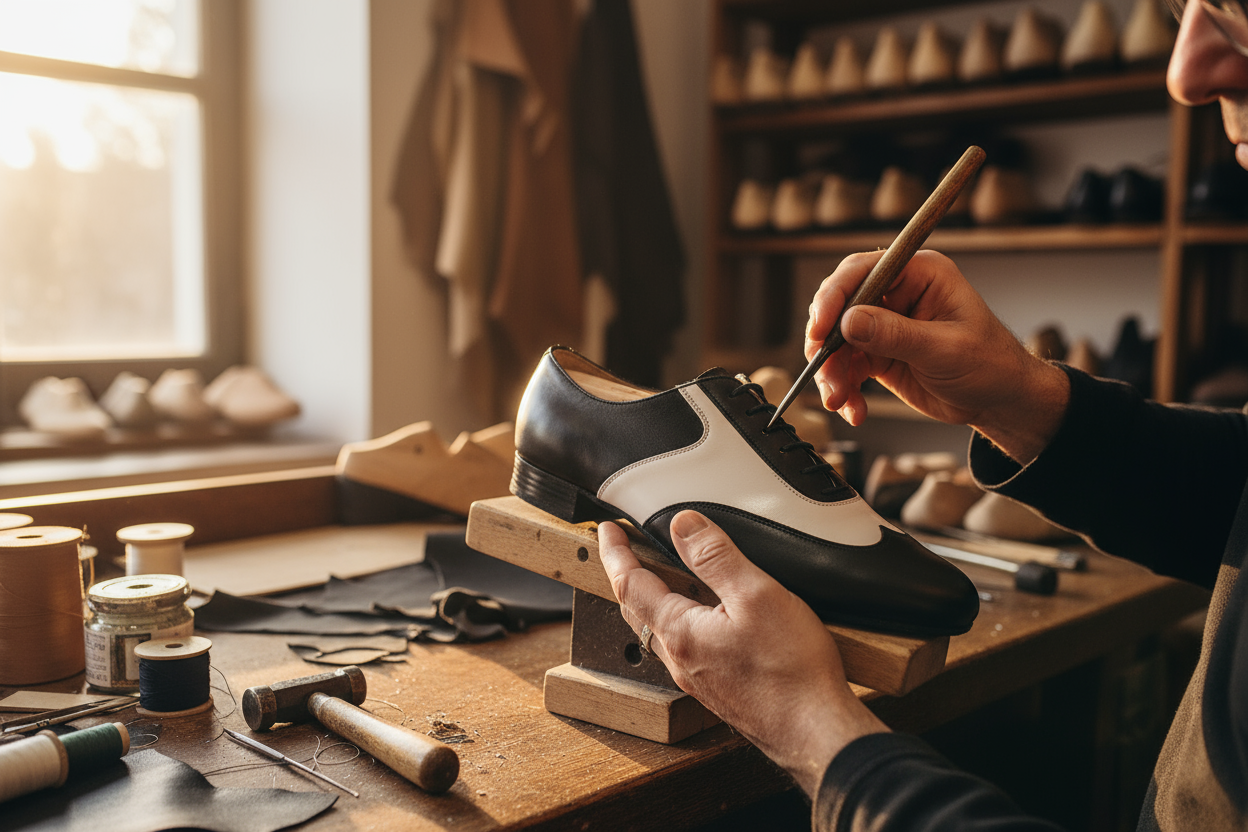 mens latin dance shoe being hand crafted. Use the same shoe in this product page