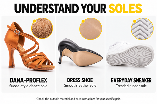 Copper Yami Dana-ProFlex dance shoe compared with smooth leather dress-shoe soles and treaded rubber sneaker soles.